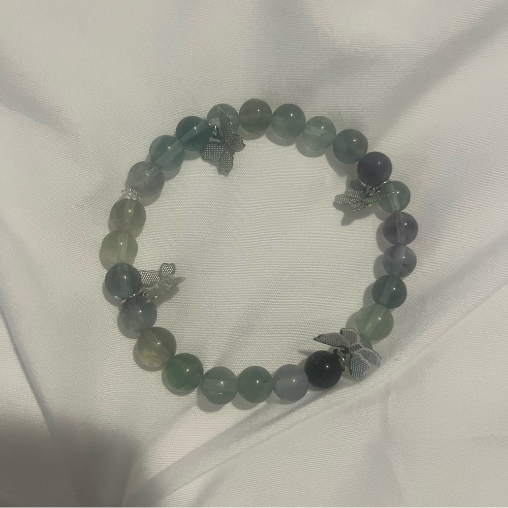 Fluorite Genuine Stone Butterfly Charm Bracelets Handmade Green Purple Silver - Picture 10 of 10